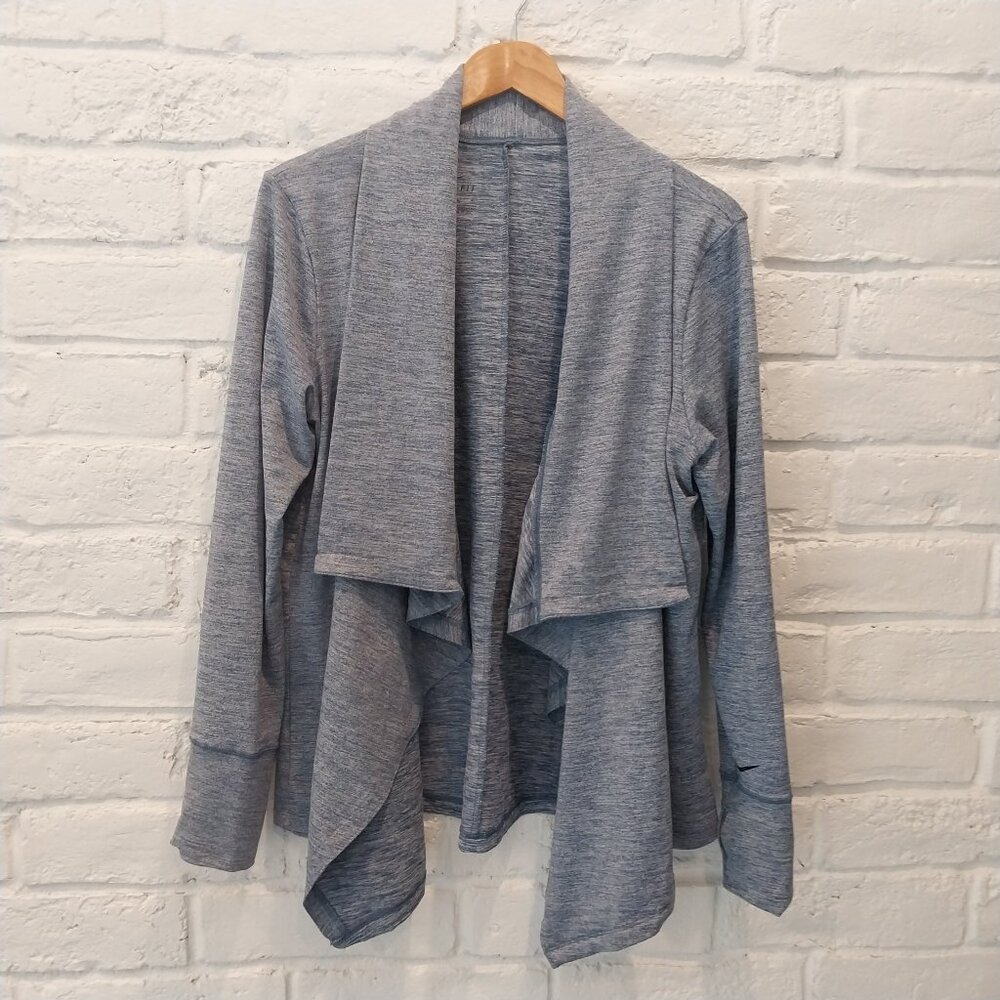 Nike Dri-Fit Cardigan Women L Blue Open Front Waterfall Yoga Long Sleeve Sweater